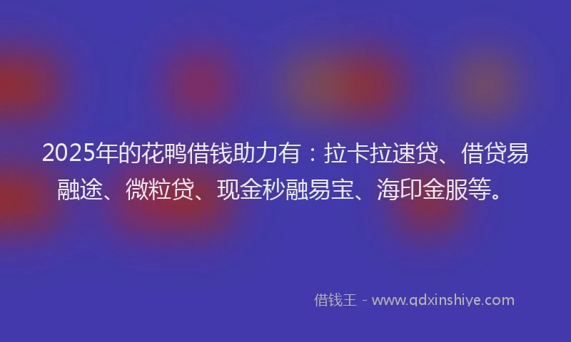 2025年的花鸭借钱助力有：拉卡拉速贷、借贷易融途、微粒贷、现金秒融易宝、海印金服等。