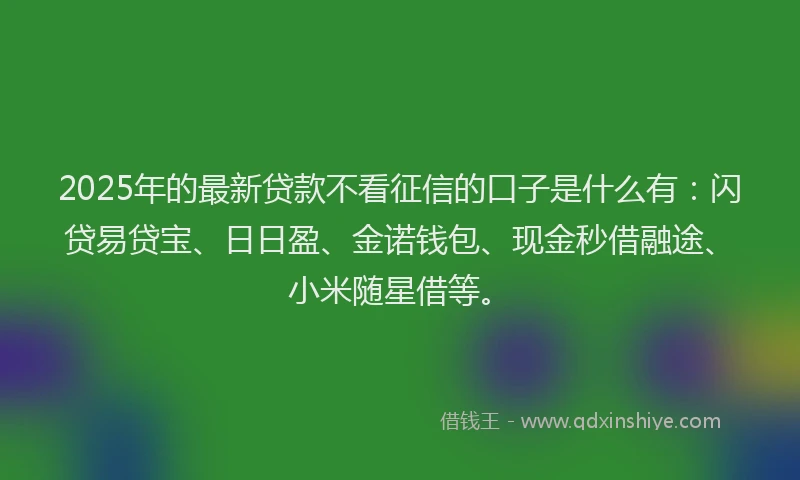 2025年的最新贷款不看征信的口子是什么有：闪贷易贷宝、日日盈、金诺钱包、现金秒借融途、小米随星借等。