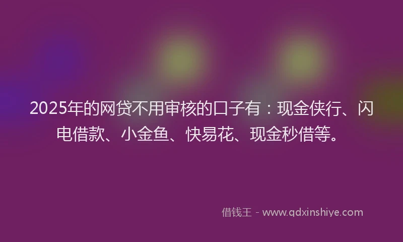 2025年的网贷不用审核的口子有：现金侠行、闪电借款、小金鱼、快易花、现金秒借等。