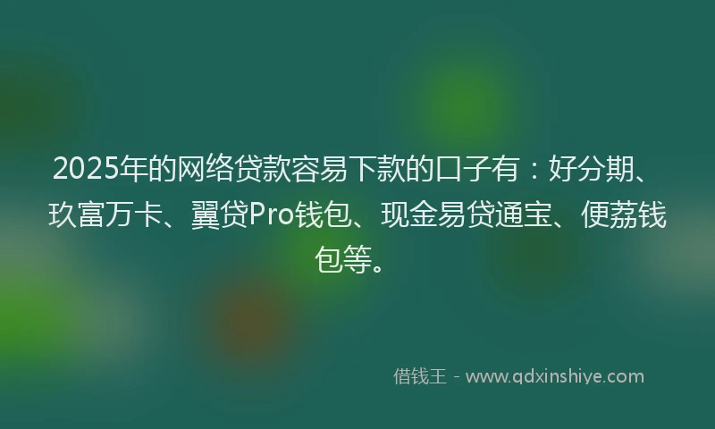 2025年的网络贷款容易下款的口子有：好分期、玖富万卡、翼贷Pro钱包、现金易贷通宝、便荔钱包等。