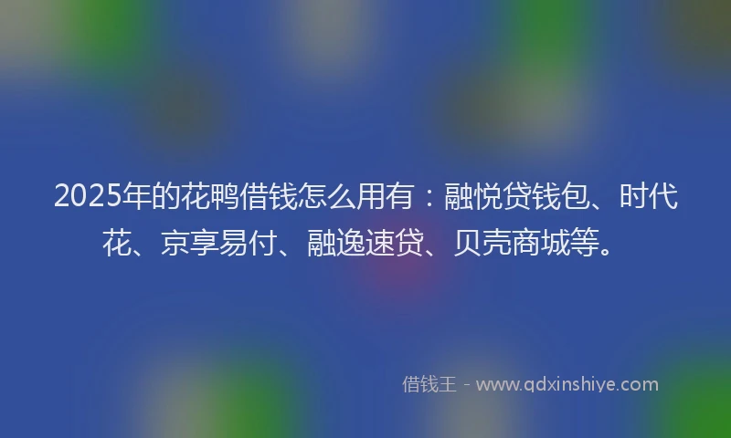 2025年的花鸭借钱怎么用有：融悦贷钱包、时代花、京享易付、融逸速贷、贝壳商城等。