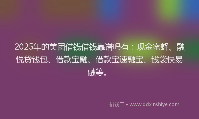 2025年的美团借钱借钱靠谱吗有：现金蜜蜂、融悦贷钱包、借款宝融、借款宝速融宝、钱袋快易融等。