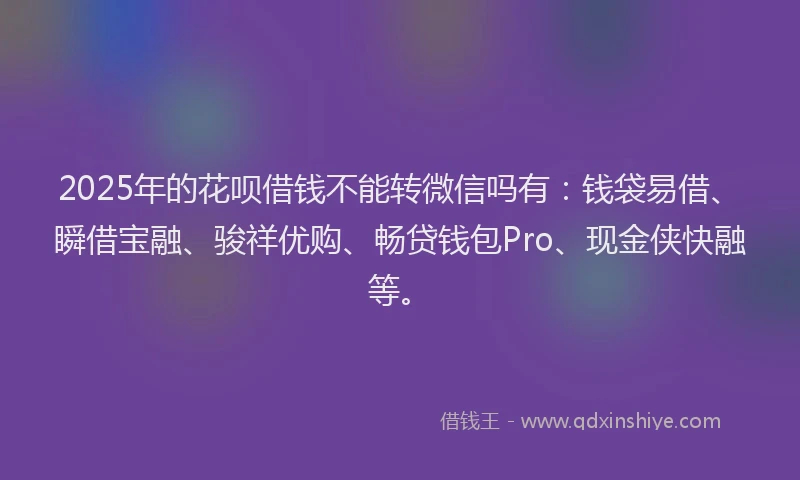 2025年的花呗借钱不能转微信吗有：钱袋易借、瞬借宝融、骏祥优购、畅贷钱包Pro、现金侠快融等。