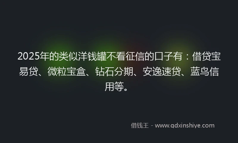 2025年的类似洋钱罐不看征信的口子有：借贷宝易贷、微粒宝盒、钻石分期、安逸速贷、蓝鸟信用等。
