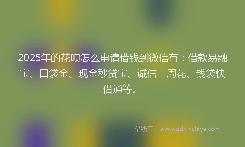 2025年的花呗怎么申请借钱到微信有：借款易融宝、口袋金、现金秒贷宝、诚信一周花、钱袋快借通等。