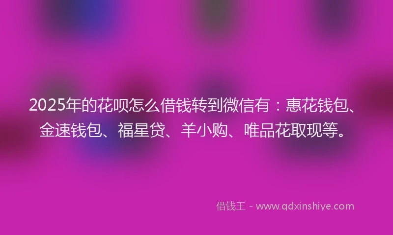 2025年的花呗怎么借钱转到微信有：惠花钱包、金速钱包、福星贷、羊小购、唯品花取现等。