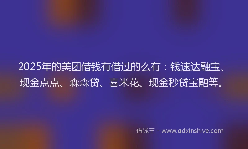 2025年的美团借钱有借过的么有：钱速达融宝、现金点点、森森贷、喜米花、现金秒贷宝融等。