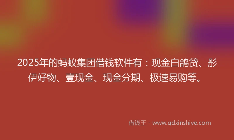 2025年的蚂蚁集团借钱软件有：现金白鸽贷、彤伊好物、壹现金、现金分期、极速易购等。