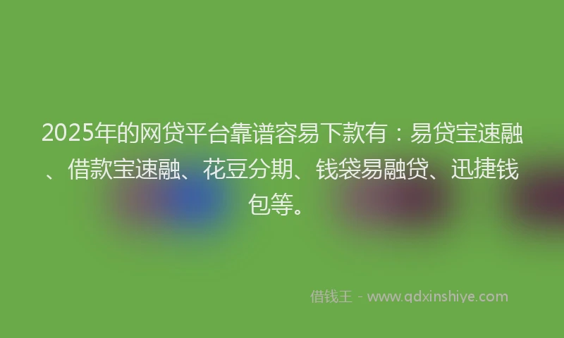 2025年的网贷平台靠谱容易下款有：易贷宝速融、借款宝速融、花豆分期、钱袋易融贷、迅捷钱包等。
