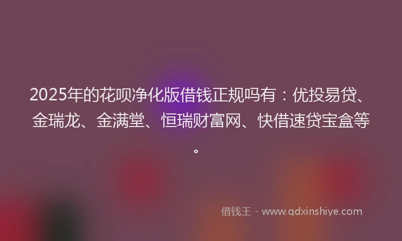 2025年的花呗净化版借钱正规吗有：优投易贷、金瑞龙、金满堂、恒瑞财富网、快借速贷宝盒等。