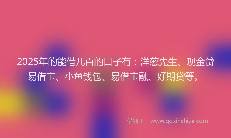 2025年的能借几百的口子有：洋葱先生、现金贷易借宝、小鱼钱包、易借宝融、好期贷等。