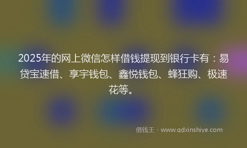 2025年的网上微信怎样借钱提现到银行卡有：易贷宝速借、享宇钱包、鑫悦钱包、蜂狂购、极速花等。