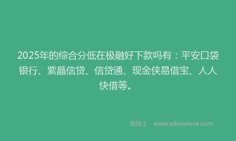 2025年的综合分低在极融好下款吗有：平安口袋银行、紫晶信贷、信贷通、现金侠易借宝、人人快借等。