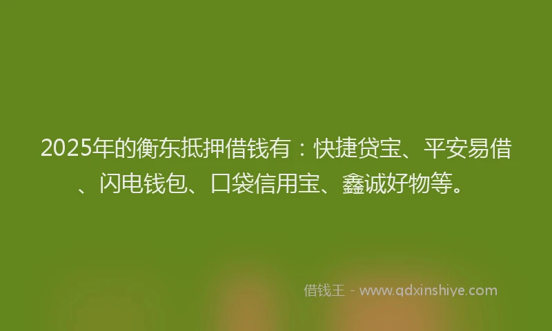 2025年的衡东抵押借钱有：快捷贷宝、平安易借、闪电钱包、口袋信用宝、鑫诚好物等。
