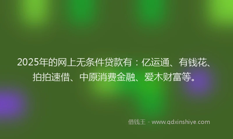 2025年的网上无条件贷款有：亿运通、有钱花、拍拍速借、中原消费金融、爱木财富等。