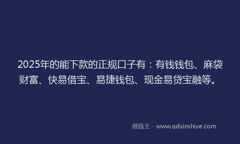 2025年的能下款的正规口子有：有钱钱包、麻袋财富、快易借宝、易捷钱包、现金易贷宝融等。