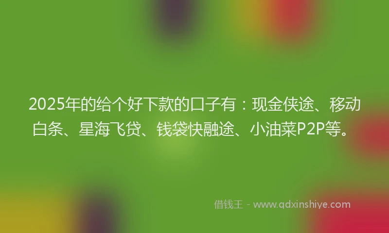 2025年的给个好下款的口子有:现金侠途、移动白条、星海飞贷、钱袋快融途、小油菜P2P等。