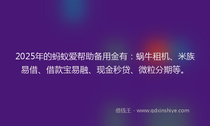 2025年的蚂蚁爱帮助备用金有:蜗牛租机、米族易借、借款宝易融、现金秒贷、微粒分期等。