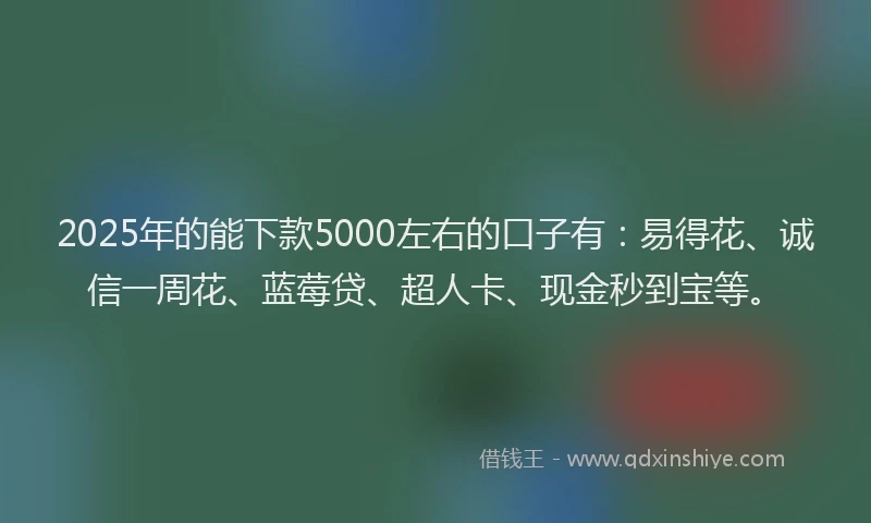 2025年的能下款5000左右的口子有：易得花、诚信一周花、蓝莓贷、超人卡、现金秒到宝等。