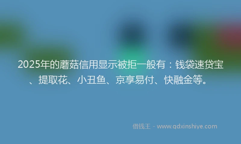 2025年的蘑菇信用显示被拒一般有：钱袋速贷宝、提取花、小丑鱼、京享易付、快融金等。