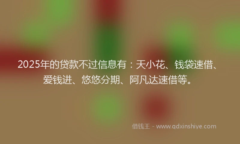 2025年的贷款不过信息有：天小花、钱袋速借、爱钱进、悠悠分期、阿凡达速借等。