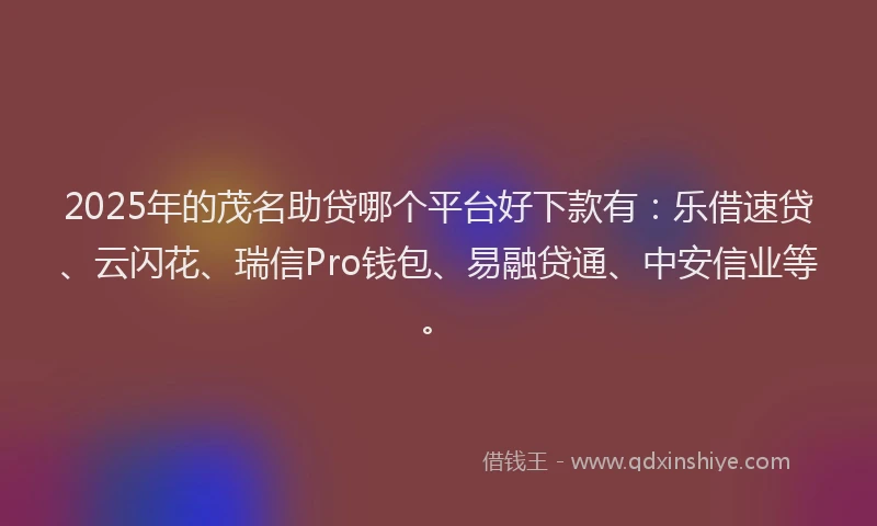 2025年的茂名助贷哪个平台好下款有：乐借速贷、云闪花、瑞信Pro钱包、易融贷通、中安信业等。