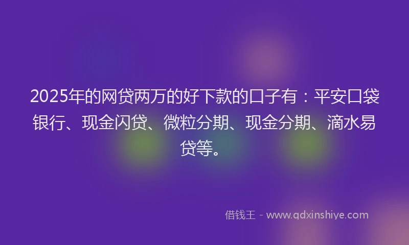 2025年的网贷两万的好下款的口子有：平安口袋银行、现金闪贷、微粒分期、现金分期、滴水易贷等。