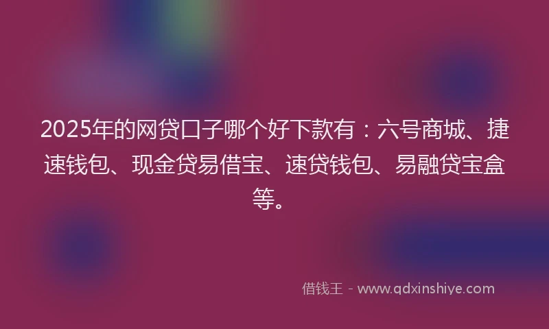 2025年的网贷口子哪个好下款有：六号商城、捷速钱包、现金贷易借宝、速贷钱包、易融贷宝盒等。