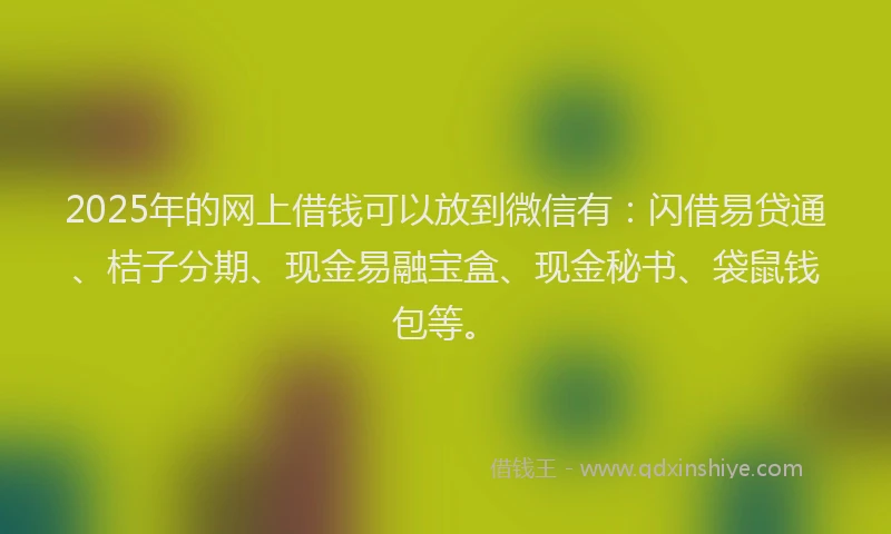 2025年的网上借钱可以放到微信有：闪借易贷通、桔子分期、现金易融宝盒、现金秘书、袋鼠钱包等。