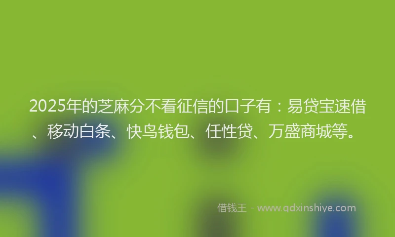 2025年的芝麻分不看征信的口子有：易贷宝速借、移动白条、快鸟钱包、任性贷、万盛商城等。