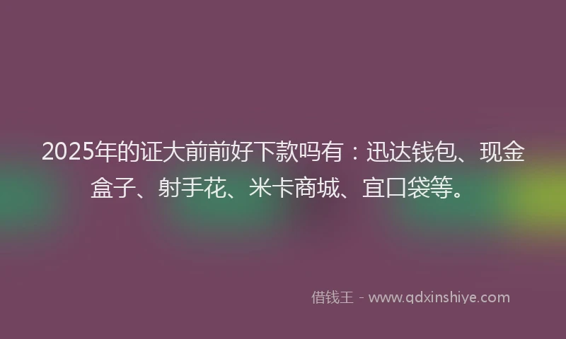 2025年的证大前前好下款吗有：迅达钱包、现金盒子、射手花、米卡商城、宜口袋等。