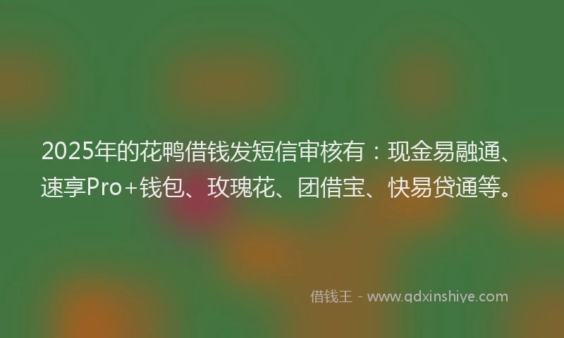 2025年的花鸭借钱发短信审核有：现金易融通、速享Pro+钱包、玫瑰花、团借宝、快易贷通等。