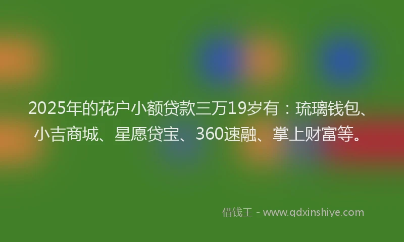 2025年的花户小额贷款三万19岁有：琉璃钱包、小吉商城、星愿贷宝、360速融、掌上财富等。