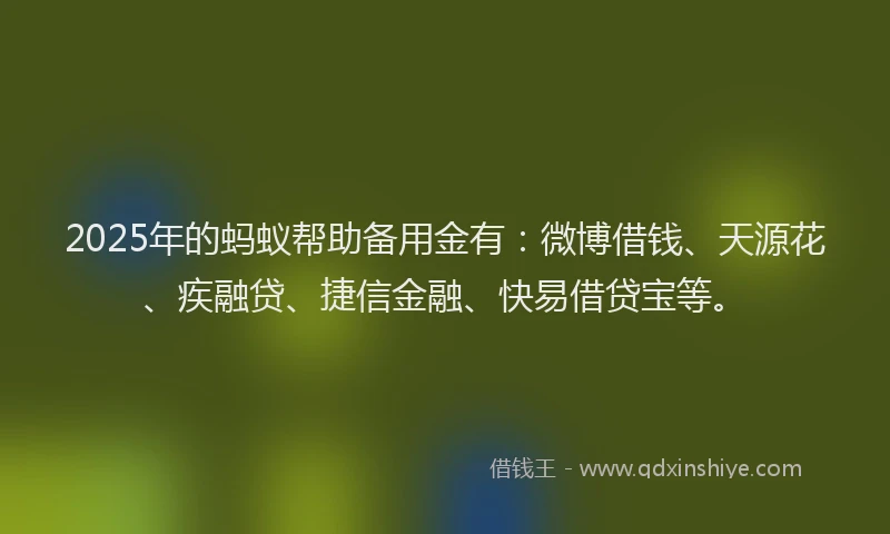 2025年的蚂蚁帮助备用金有：微博借钱、天源花、疾融贷、捷信金融、快易借贷宝等。