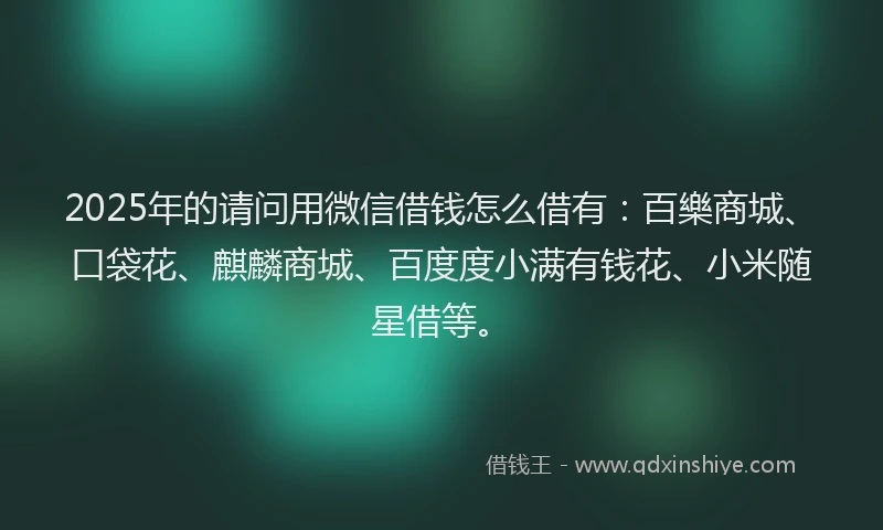2025年的请问用微信借钱怎么借有：百樂商城、口袋花、麒麟商城、百度度小满有钱花、小米随星借等。