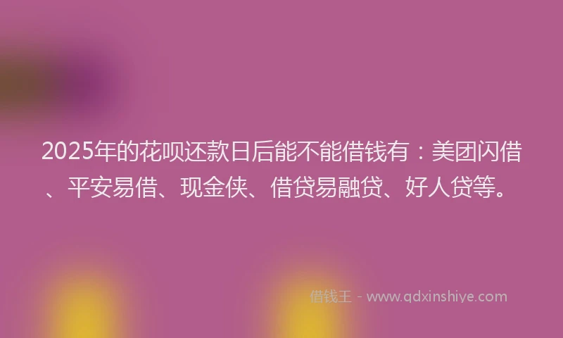 2025年的花呗还款日后能不能借钱有：美团闪借、平安易借、现金侠、借贷易融贷、好人贷等。