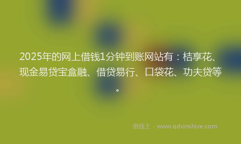2025年的网上借钱1分钟到账网站有：桔享花、现金易贷宝盒融、借贷易行、口袋花、功夫贷等。