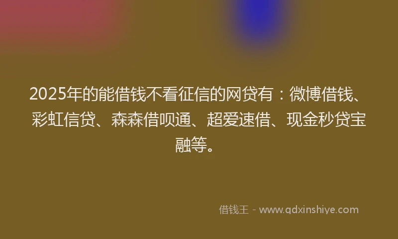 2025年的能借钱不看征信的网贷有：微博借钱、彩虹信贷、森森借呗通、超爱速借、现金秒贷宝融等。