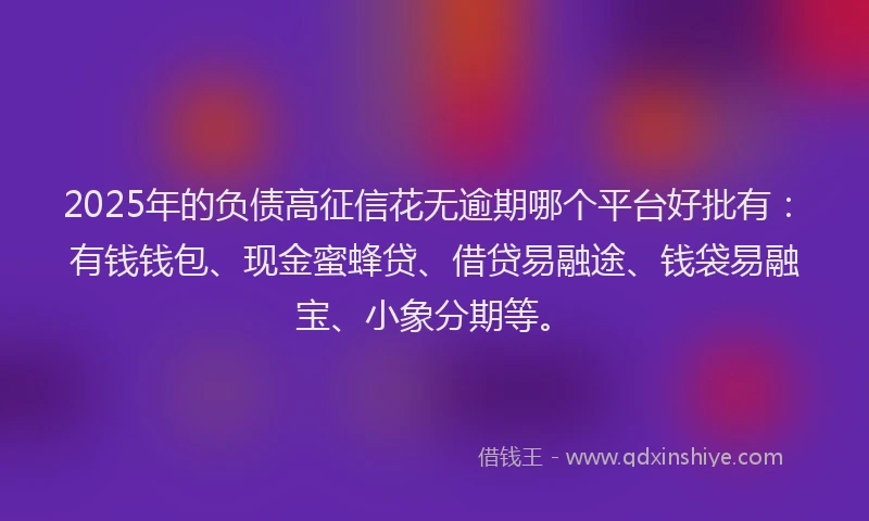 2025年的负债高征信花无逾期哪个平台好批有：有钱钱包、现金蜜蜂贷、借贷易融途、钱袋易融宝、小象分期等。