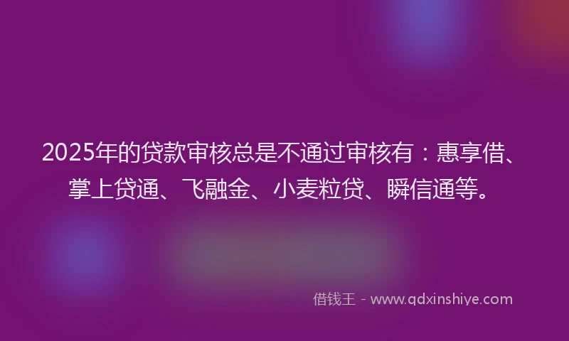 2025年的贷款审核总是不通过审核有：惠享借、掌上贷通、飞融金、小麦粒贷、瞬信通等。