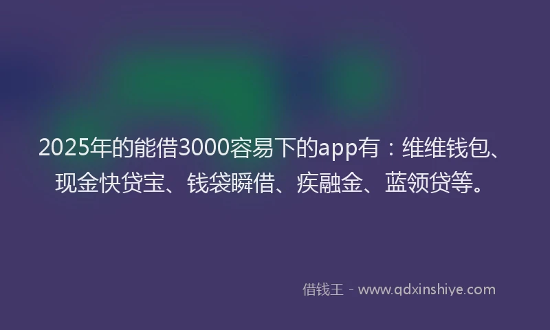 2025年的能借3000容易下的app有：维维钱包、现金快贷宝、钱袋瞬借、疾融金、蓝领贷等。