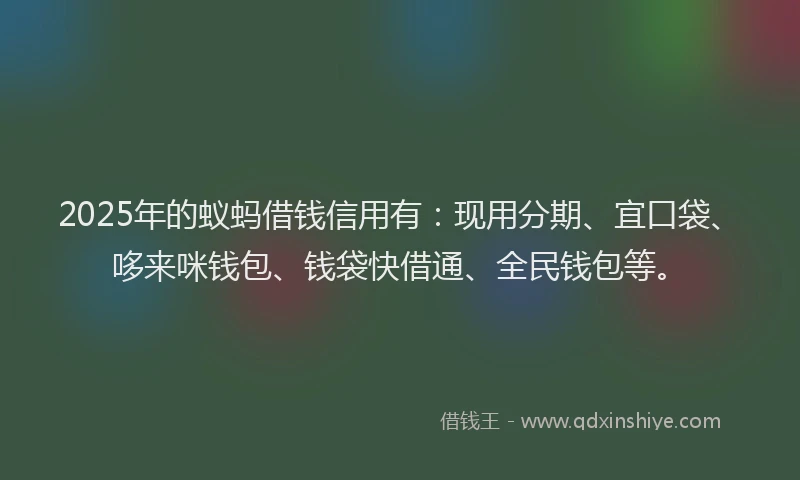 2025年的蚁蚂借钱信用有：现用分期、宜口袋、哆来咪钱包、钱袋快借通、全民钱包等。