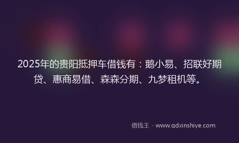 2025年的贵阳抵押车借钱有：鹅小易、招联好期贷、惠商易借、森森分期、九梦租机等。