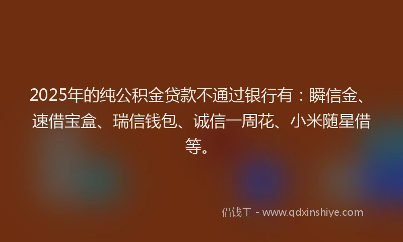2025年的纯公积金贷款不通过银行有：瞬信金、速借宝盒、瑞信钱包、诚信一周花、小米随星借等。