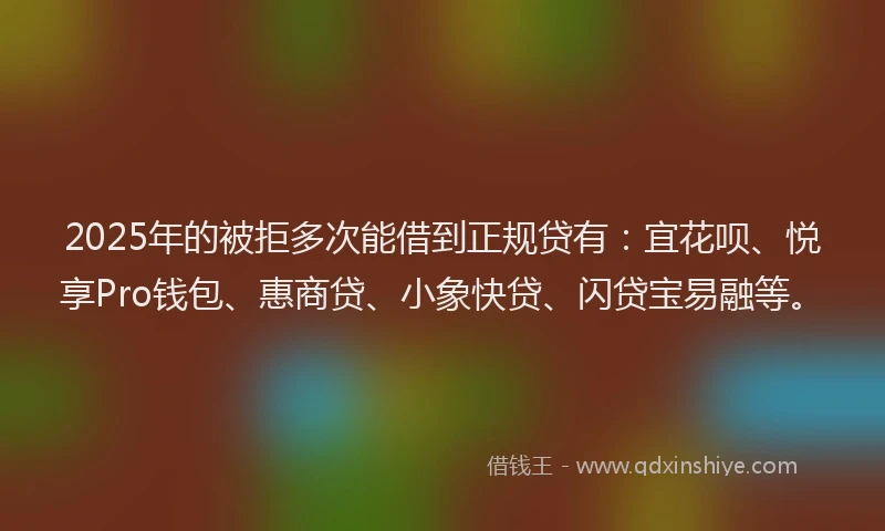 2025年的被拒多次能借到正规贷有：宜花呗、悦享Pro钱包、惠商贷、小象快贷、闪贷宝易融等。