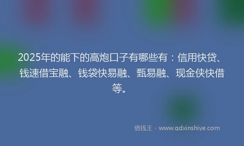 2025年的能下的高炮口子有哪些有：信用快贷、钱速借宝融、钱袋快易融、甄易融、现金侠快借等。
