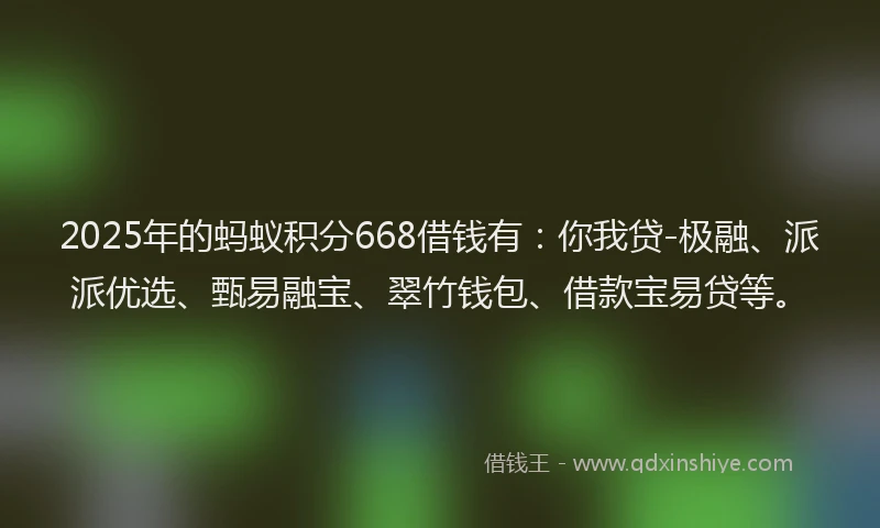 2025年的蚂蚁积分668借钱有：你我贷-极融、派派优选、甄易融宝、翠竹钱包、借款宝易贷等。