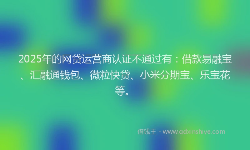 2025年的网贷运营商认证不通过有：借款易融宝、汇融通钱包、微粒快贷、小米分期宝、乐宝花等。