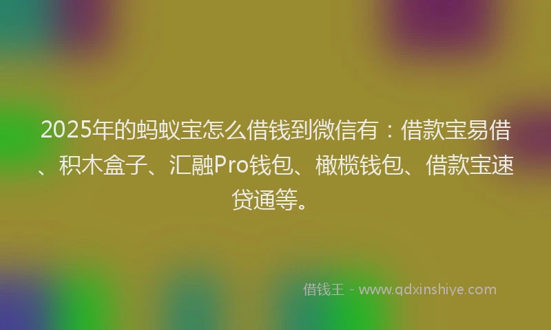 2025年的蚂蚁宝怎么借钱到微信有：借款宝易借、积木盒子、汇融Pro钱包、橄榄钱包、借款宝速贷通等。