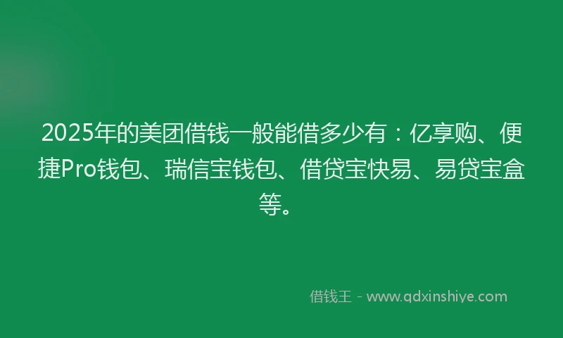 2025年的美团借钱一般能借多少有：亿享购、便捷Pro钱包、瑞信宝钱包、借贷宝快易、易贷宝盒等。